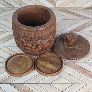 Vintage Ornate Carved Wooden Only 2 Coaster Set with Jar Holder and Lid 6" Tall